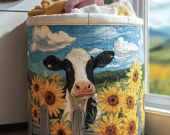 Cow Quilted Laundry Basket, Rustic Farmhouse Clothes Hamper, Sunflower Farm Decor, Cow Lovers Gift