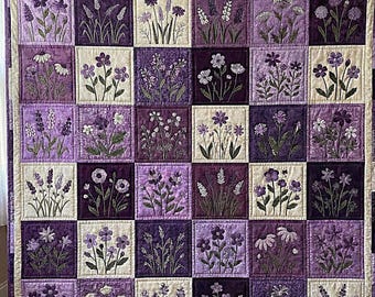 Purple Floral Quilted Blanket, Flower Patchwork Throw Blanket, Cottagecore Home Decor, Nature Lover Gift