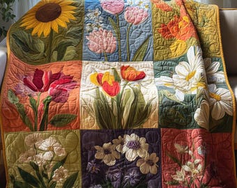 Floral Quilted Blanket, Colorful Garden Flower Throw Blanket, Botanical Home Decor, Nature Lover Gift