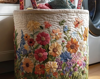 Floral Field Quilted Laundry Basket, Garden Storage Hamper, Nature-Inspired Bin