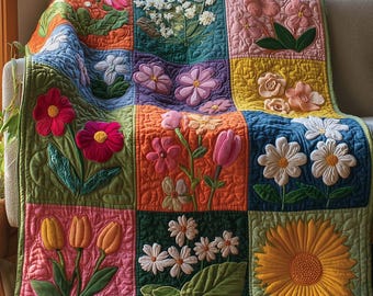 Colorful Floral Quilted Blanket, Bright Flower Garden Throw Blanket, Botanical Home Decor Gift