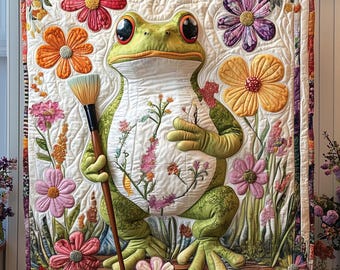 Frog Flower Quilt Blanket, Whimsical Nature Throw, Gift For Animal Lovers