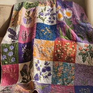 May include: A patchwork quilt featuring a variety of floral designs in a range of colors, including pink, purple, yellow, and blue. The quilt is draped over a beige sofa, showcasing its intricate patterns and textures. The quilt's design includes detailed depictions of flowers and foliage.