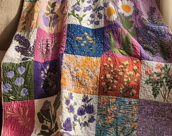 Floral Patchwork Quilted Blanket, Colorful Flower Garden Throw, Cottagecore Home Decor Gift