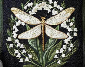 Dragonfly Lily Quilt Blanket, Nature Inspired Floral Insect Art Throw, Gift For Nature Lovers