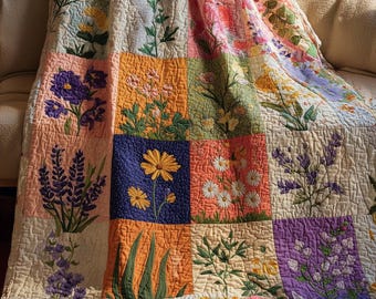 Floral Garden Quilt Blanket, Colorful Patchwork Botanical Quilt, Gift For Flower Lovers