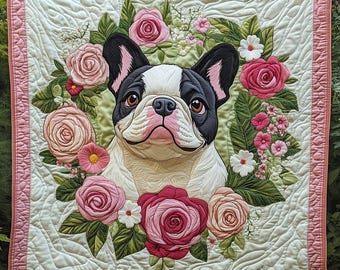 Personalized French Bulldog Roses Quilt Blanket, Romantic Floral Patchwork Throw, Dog Lovers Home Decor