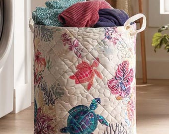 Turtle Dreams Quilted Laundry Basket, Sea Turtle Coastal Hamper, Ocean Beach Storage Bin Gift