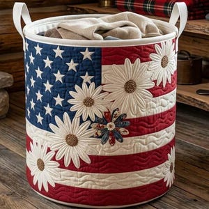 Cesta de lavandería acolchada con la declaración de Daisy, cesta con la bandera estadounidense y diseño floral, regalo para mamá.