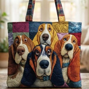 Basset Hound Family Quilted Tote Bag: Cute Dog Lover Handbag, Patchwork Pet Travel Tote, Gift For Mom