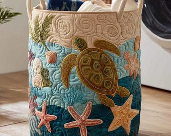 Quilted Laundry Basket, Ocean Sea Turtle Clothes Hamper, Beach Lover Storage Bin