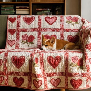 Cozy Heart Rose Patchwork Quilted Blanket, Pet Friendly Couch Throw, Gift For Dog Lovers