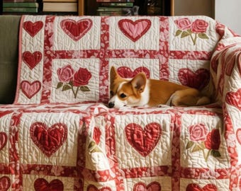 Cozy Heart Rose Patchwork Quilted Blanket, Pet Friendly Couch Throw, Gift For Dog Lovers