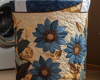 Niebieski pikowany kosz na pranie z motywem słonecznika, pojemnik do przechowywania kwiatów, prezent dla miłośników kwiatów