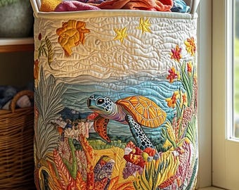 Quilted Laundry Basket, Sea Turtle Clothes Hamper, Coastal Storage Bin, Ocean Lovers Gift