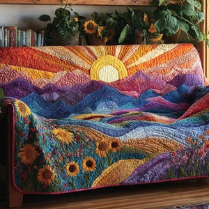 Manta acolchada Sunset Meadows, manta decorativa con paisaje de montaña, decoración de ropa de cama estilo cottagecore con flores silvestres, regalo para amantes de la naturaleza.