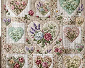 Heart Shaped Floral Quilted Blanket, Romantic Floral Patchwork Throw, Vintage Home Decor