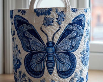 Quilted Butterfly Laundry Basket, Floral Clothes Hamper, Blue White Storage Bin, Gift For Bird Lovers