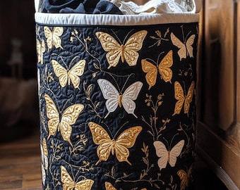 Bloom Flight Quilted Laundry Basket, Butterfly Nature Decor Storage Bin, Gift For Bird Lovers
