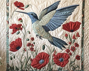 Hummingbird Poppy Quilt Blanket, Nature Floral Throw, Bird Flower Home Decor