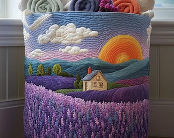 Kosz na pranie pikowany z motywem lawendowego pola, pojemnik do przechowywania kwiatów, prezent dla miłośników lawendy