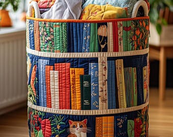 Autumn Library Bookshelf Quilted Laundry Basket, Cozy Home Storage Hamper, Gift For Book Lovers