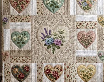 Floral Heart Quilted Blanket, Vintage Flower Throw Blanket, Romantic Cottagecore Decor Gift