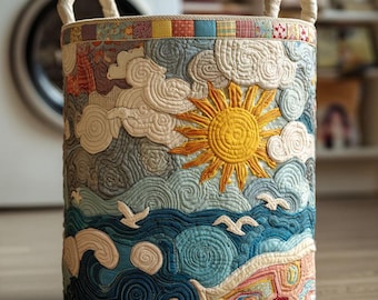 Kosz na pranie z pikowanymi falami słońca, przytulny pojemnik do przechowywania w stylu nadmorskim, prezent dla miłośników plaży