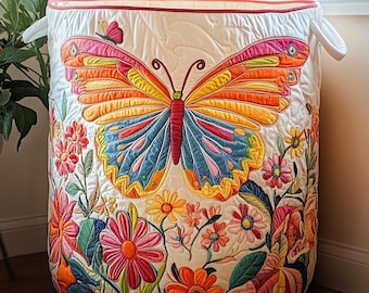 Golden Monarch Quilted Laundry Basket, Elegant Butterfly Hamper, Nature Inspired Home Decor