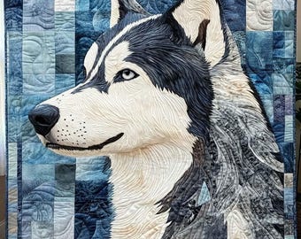 Personalized Realistic Husky Quilt Blanket, Siberian Dog Lover Throw, Patchwork Home Decor Gift