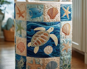 Kosz na pranie z pikowaniem „Ocean Treasures”, nadmorski pojemnik do przechowywania, prezent dla miłośników życia morskiego