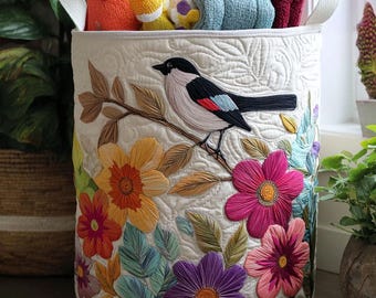 The Flowered Aviary Quilted Laundry Basket, Floral Bird Laundry Hamper, Nature Inspired Home Decor