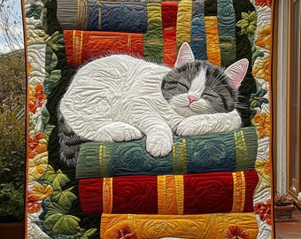 Sleeping Cat Books Quilt Blanket, Cozy Floral Botanical Throw, Cat Lover Gift