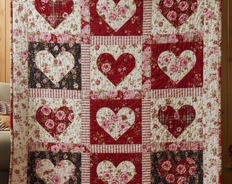 Romantic Heart Quilt Blanket, Red Floral Patchwork Throw, Cozy Valentine's Day Home Decor Gift