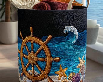 Tides Tradition Quilted Laundry Basket, Coastal Inspired Clothes Hamper, Nautical Home Storage Bin