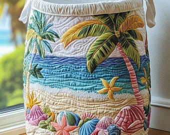 Ocean Serenity Quilted Laundry Basket, Coastal Fabric Storage Bin, Nautical Home Decor
