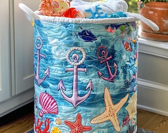 Kosz na pranie Anchored Seas, pikowany, marynarski pojemnik do przechowywania, prezent dla miłośników plaży i oceanu