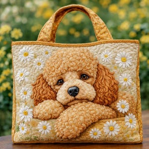 Bolso de mano acolchado con diseño de caniche: bolso de patchwork para amantes de los cachorros, regalo para mujer.