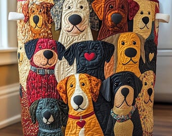 Colorful Dogs Quilted Laundry Basket, Whimsical Pet Storage Bin, Dog Lovers Gift Ideas