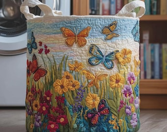 Garden Flutter Quilted Laundry Basket, Butterfly Floral Fabric Hamper, Family Laundry Basket, Best Hamper For Families, Nature Garden Basket