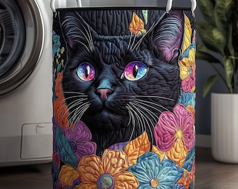 Kosz na pranie z pikowanym motywem kota, kolorowy pojemnik do przechowywania w kwiaty, prezent dla miłośników kotów