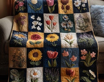 Floral Patchwork Quilted Blanket, Sunflower And Tulip Flower Throw Blanket, Botanical Home Decor