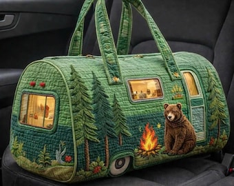 Quilted Camping Travel Bag, Wild Bear Forest Caravan Duffel Bag