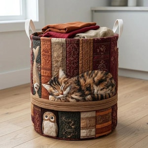 Personalisierte Herbst Katzen Eule Bücher Gesteppter Wäschekorb, gemütlicher Herbst Patchwork Wäschekorb, Katzenliebhaber Wohnkultur, Geschenk für Oma