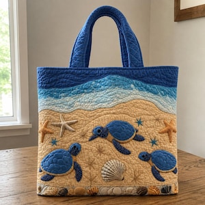 Puede incluir: Bolso tote acolchado con una escena de playa con tortugas marinas azules, estrellas de mar y una concha sobre un fondo arenoso. El bolso tiene un asa azul y un diseño acolchado con una combinación de colores azul y beige.