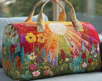 Floral Quilted Duffle Bag, Colorful Sun Meadow Travel Weekender