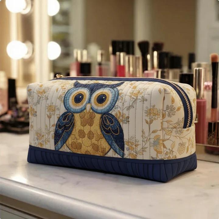 Vintage Owl Quilted Makeup Bag, Cute Owl Cosmetic Pouch, Travel Toiletry Organizer, Botanical Makeup