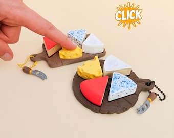 Cheese Clicker Keychain Set – 3D Printed Cheese Board Fidget Clicker – Cute Mini Cheese Charms – Desk Toy Gift
