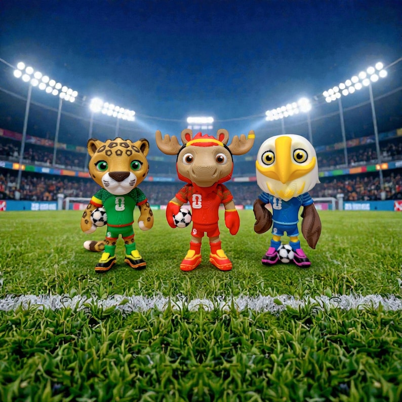 Puede incluir: Tres figuras de dibujos animados: un guepardo, un alce y un &aacute;guila, cada uno sosteniendo un bal&oacute;n de f&uacute;tbol. El guepardo viste un uniforme verde, el alce uno rojo y el &aacute;guila uno azul. Se encuentran en un campo verde con gradas de estadio al fondo.