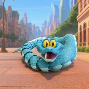 May include: A cartoon snake in light blue with yellow eyes and a white fang, coiled on a brick pavement. The background shows a city under a blue sky. The snake is the central focus.